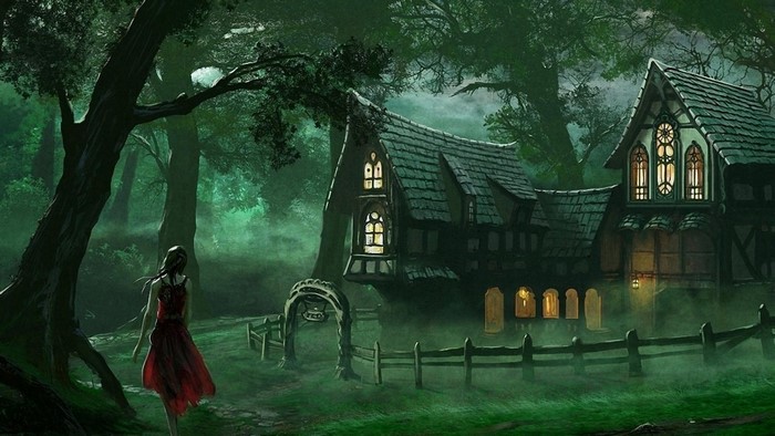 Fantasy forest with a spooky house and a girl