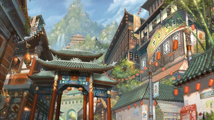 Fantasy Japanese Cityscape with Mountains and Waterfalls