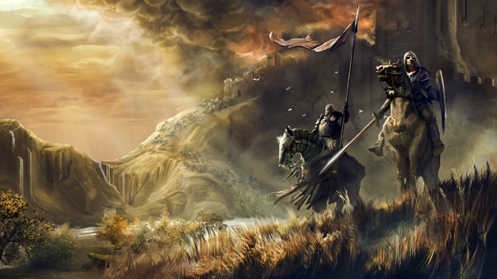 Knights on horseback near a castle