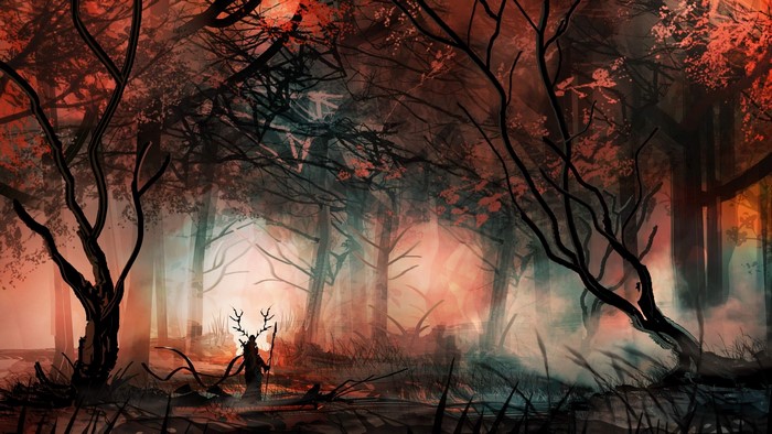 Fantasy painting of a mystical forest with a deer-headed figure