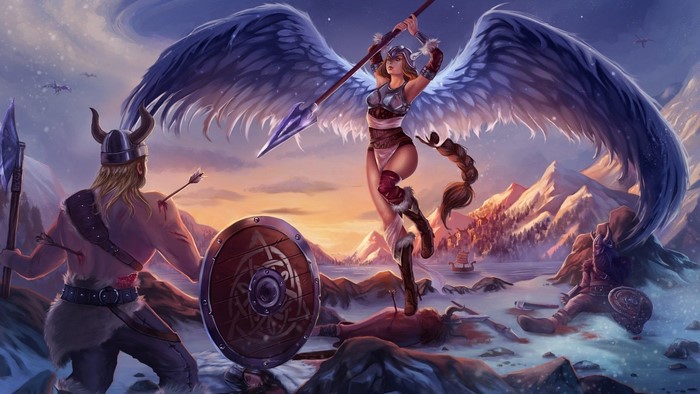 Viking warrior girl with wings and fallen warriors