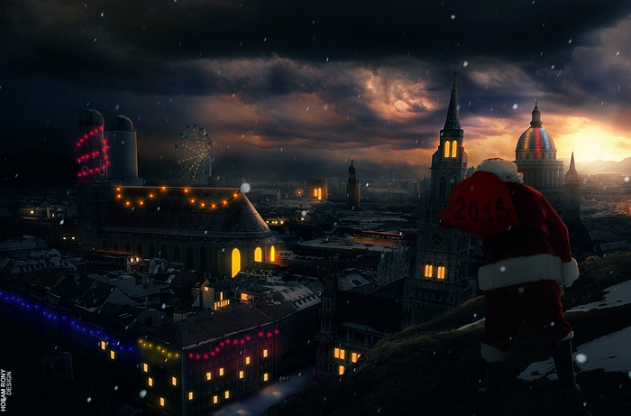Santa Claus with a sack over a snowy cityscape at night