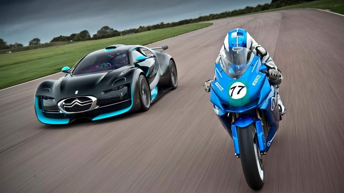 Citroen GT Concept car and Motorcycle on Race Track
