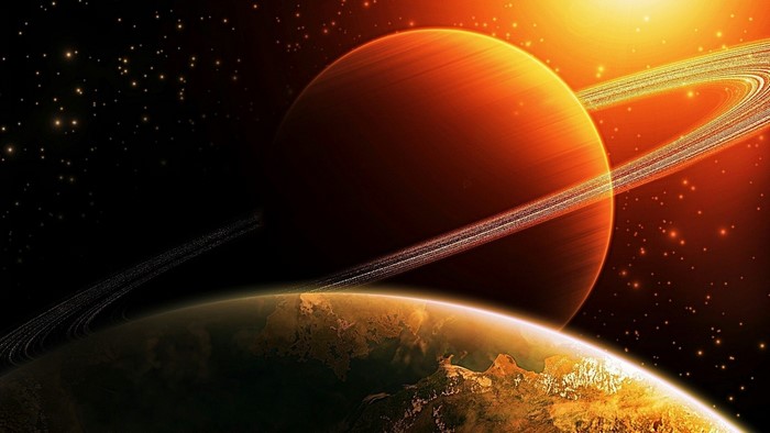 Planet with rings and another planet in space