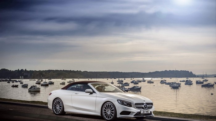White Mercedes-Benz S500 Convertible by the Water