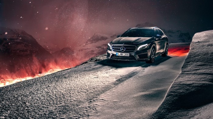 Mercedes-Benz GLA driving on a snowy mountain road