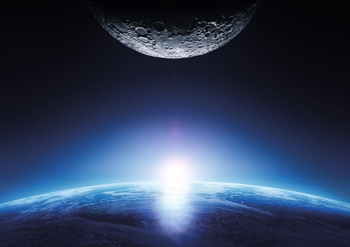 Earth and Moon in Space with Sunrise