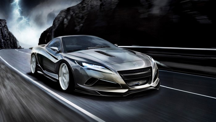 Honda concept car on a stormy road