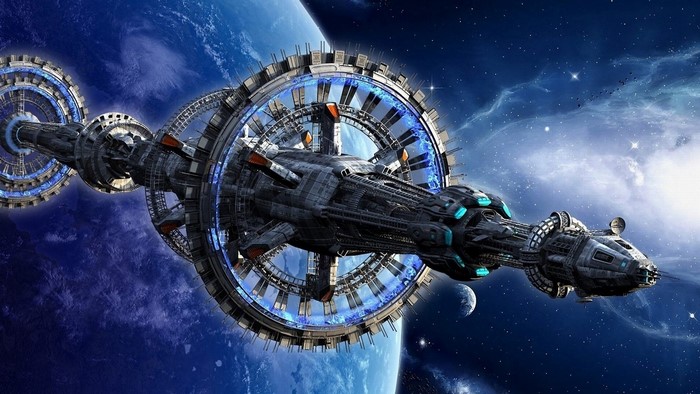 Space station orbiting a blue planet