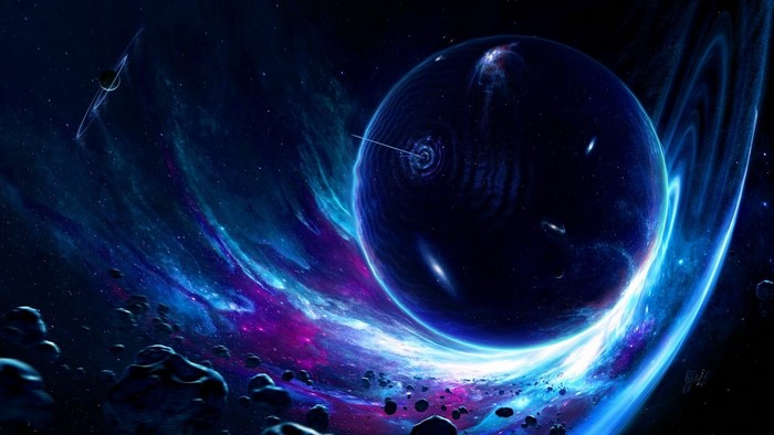 Wormhole Space Planet with Rings and Asteroids