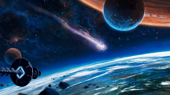 Space scene with planets, comet, and spaceship