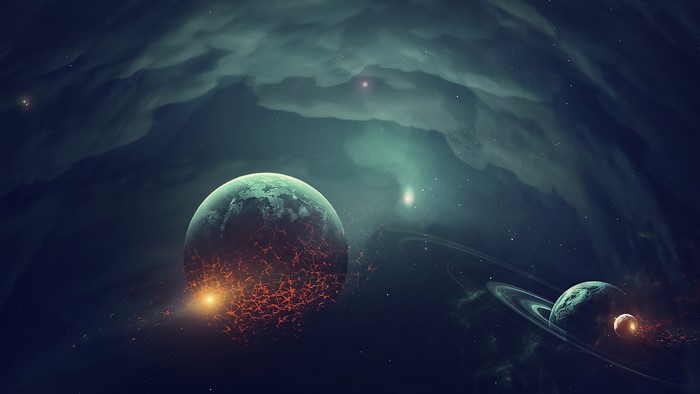 Planets in space with nebulae and rings