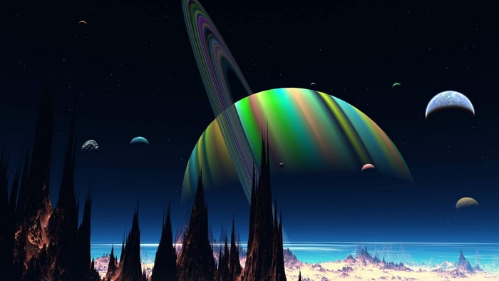 Alien planet with rings and moons