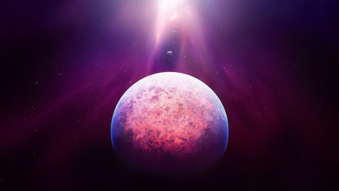 Purple planet in space with light rays