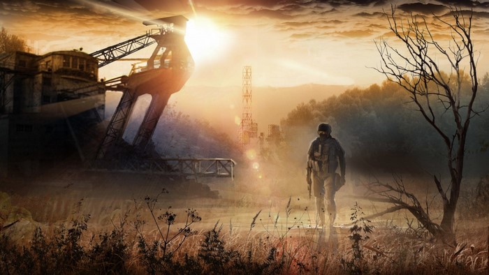 Stalker game with industrial structure and lone figure