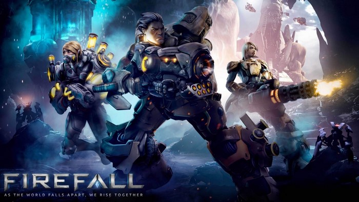 Firefall game characters in armor with weapons