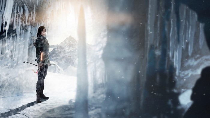 Lara Croft from Rise of the Tomb Raider in a snowy cave