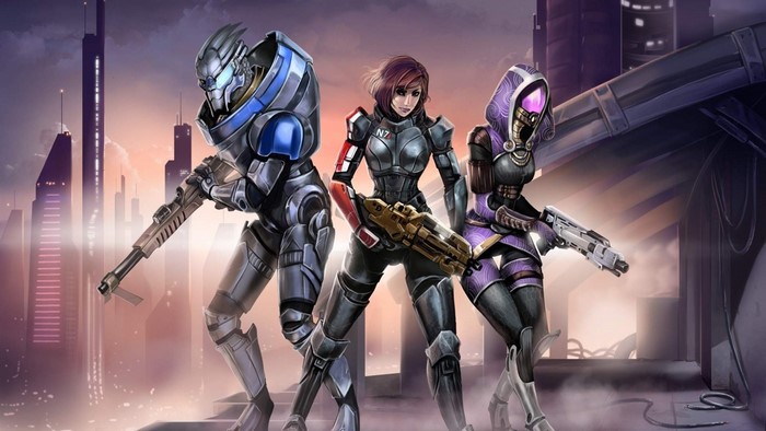 Mass Effect Characters in a Cityscape