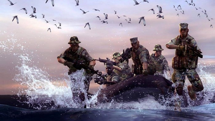 Ghost Recon soldiers in a boat with birds overhead