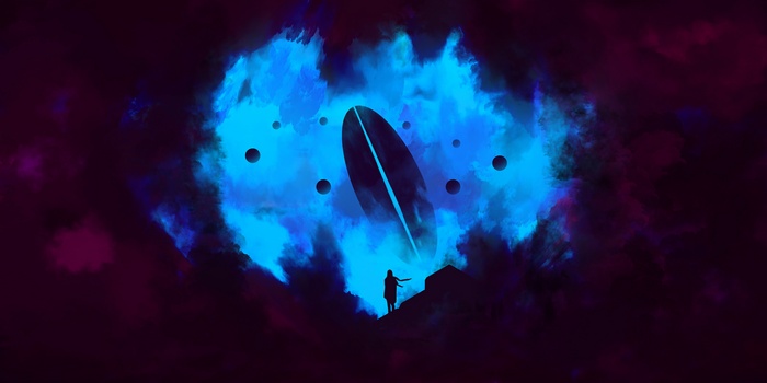 Silhouette of a person reaching towards a glowing oval object