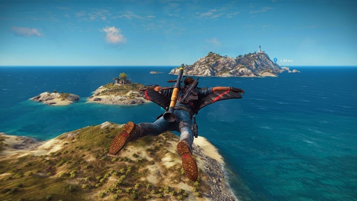 Rico Rodriguez from Just Cause 3 wingsuiting over islands