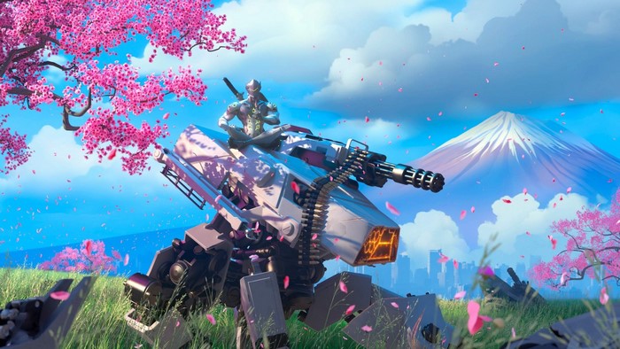 Genji from Overwatch on a mech with Mount Fuji