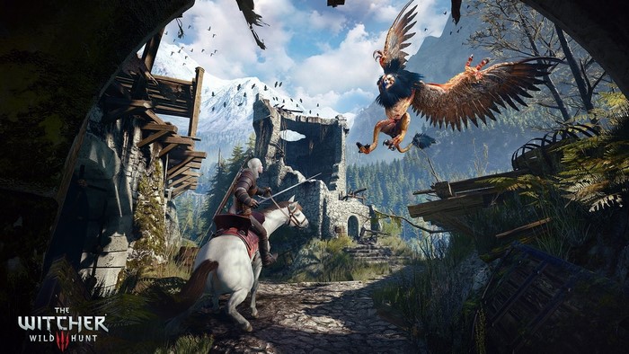 Geralt from The Witcher 3 Wild Hunt fighting a griffin