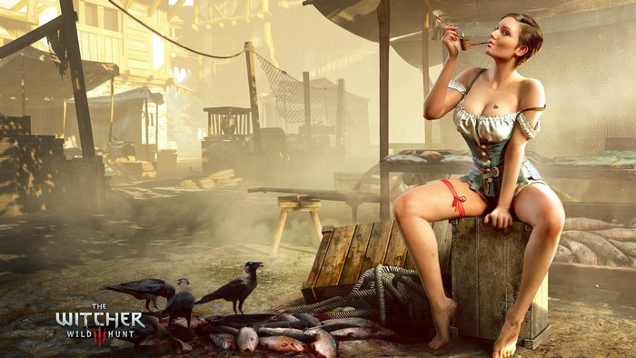 Girl smoking pipe in Witcher 3 marketplace