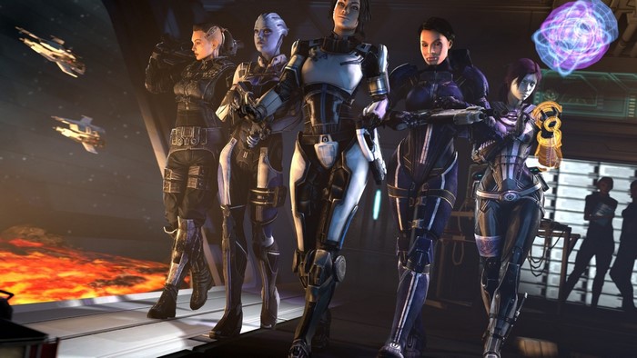 Mass Effect characters standing on a platform with ships in the background