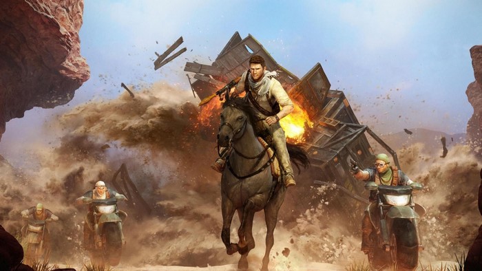 Nathan Drake on horseback in Uncharted 3