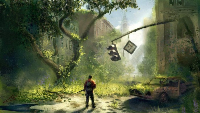 Post-apocalyptic city overgrown with nature