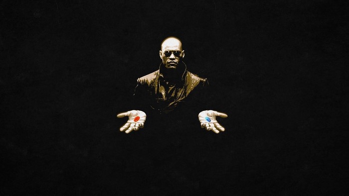 Morpheus Holding Red and Blue Pills