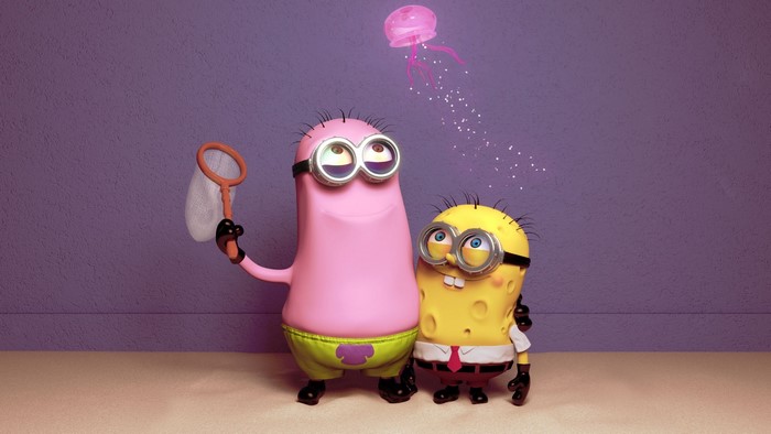 Minions dressed as Spongebob and Patrick with a jellyfish