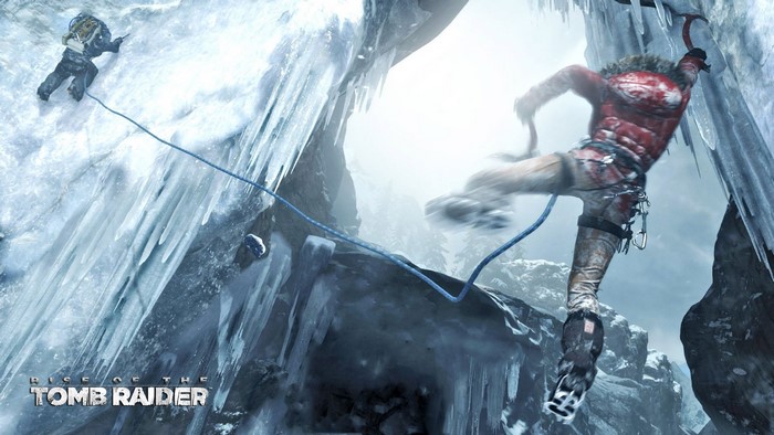 Lara Croft from Rise of the Tomb Raider ice climbing