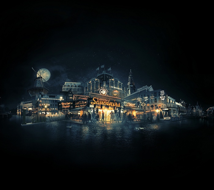 Amsterdam Cityscape at Night with Moon and Windmill