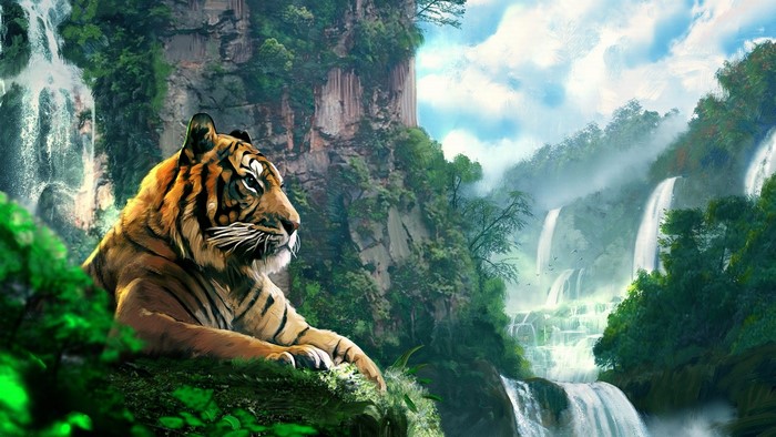 Tiger resting near waterfalls in a jungle