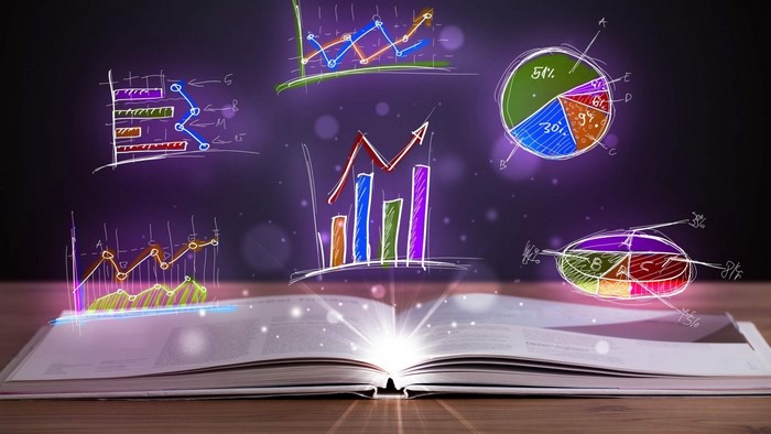 Graphs and charts emerging from an open book