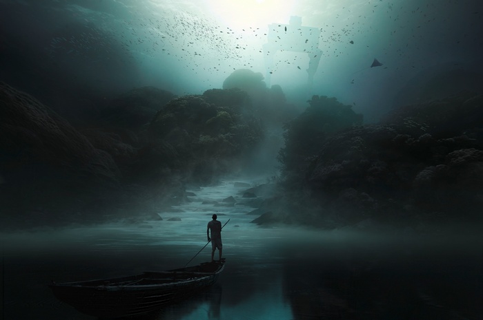 Man in a boat on a misty river with underwater ruins