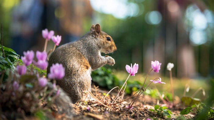 Cute Squirrel Eating Among Pink Flowers