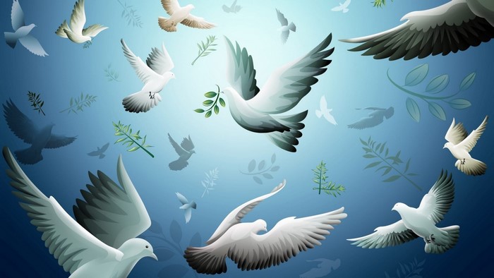 Doves flying with olive branches