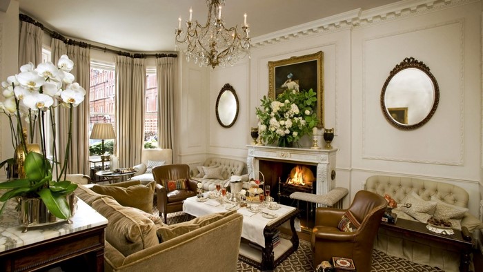 Elegant Living Room with Fireplace and Tea Service
