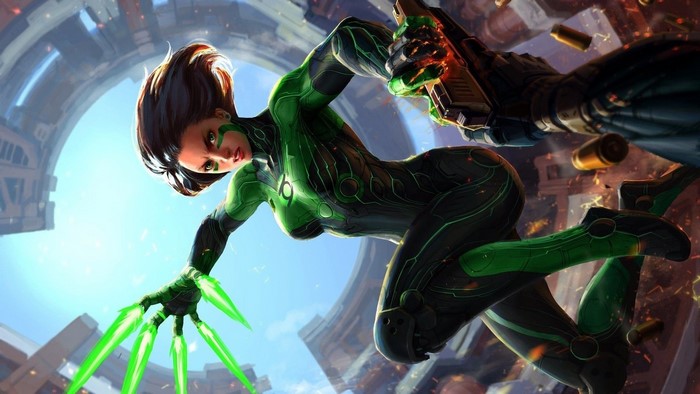 Female warrior in green suit with energy claws