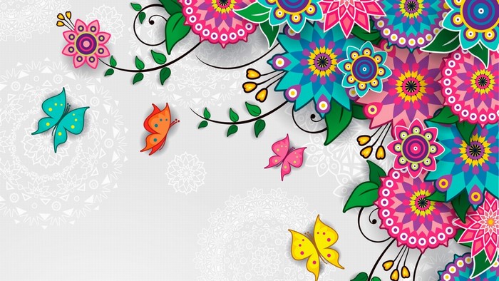 Colorful Flowers and Butterflies Vector Art Pattern