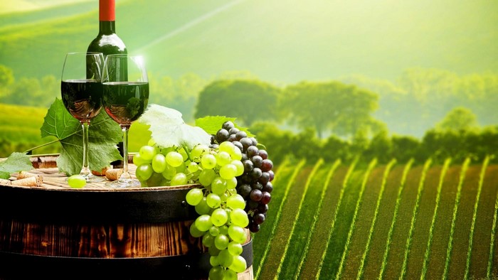 Wine bottle and glasses with grapes on a barrel