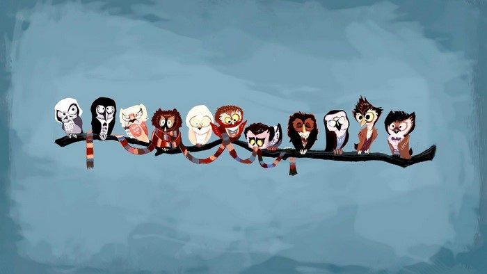 Cartoon owls on a branch with a scarf