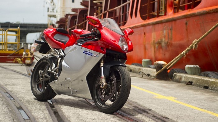 MV Agusta F4 motorcycle parked at a dock