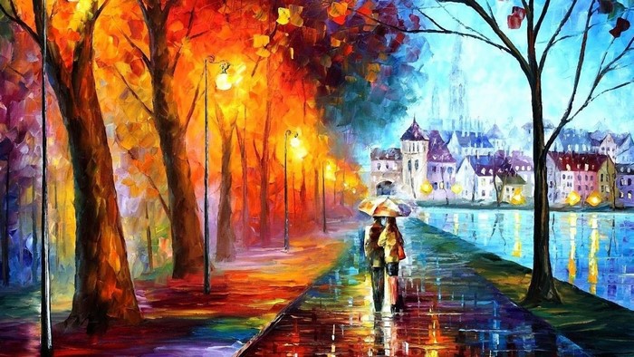 Couple walking under umbrella in autumn city