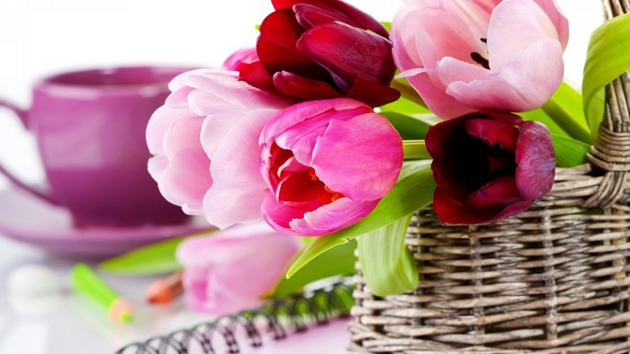 Basket of Colorful Tulips with Purple Cup