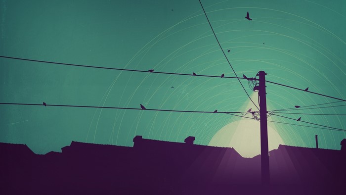 Birds on wires near electricity pole over rooftops
