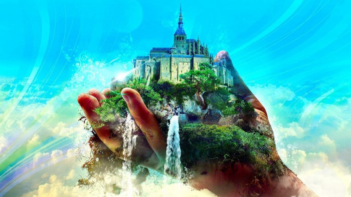 Fantasy castle town on a hand with waterfalls